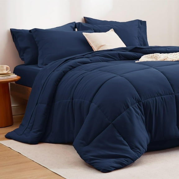 U by Bedsure Navy Full Comforter Set - 7 Pieces Solid Full Bed in a Bag, Full Bed Set Navy with Quilted Warm Fluffy Comforters, Sheets, Pillowcases & Shams