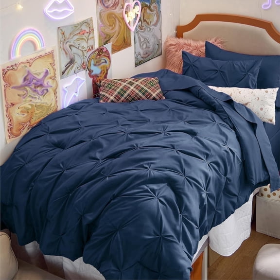Navy Twin Comforter Set - 5 Pieces Pintuck Bed in A Bag, Pinch Pleat Bedding Sets with Comforters, Sheets, Pillowcases & Shams
