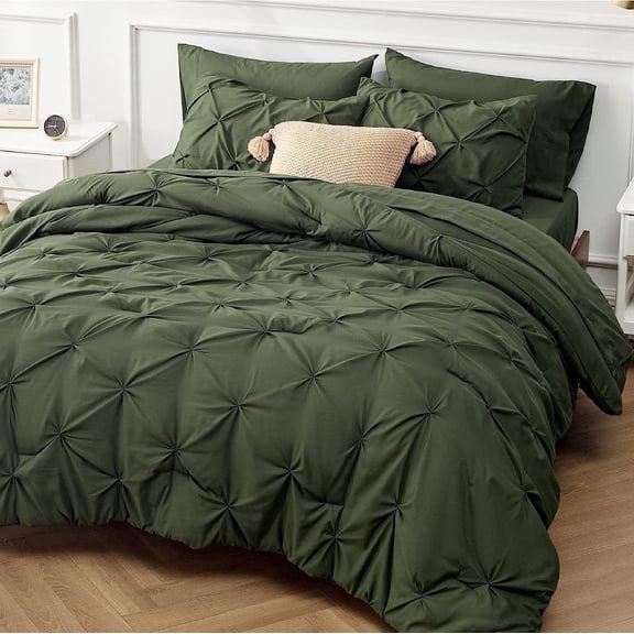 U by Bedsure Olive Green Comforter Set Queen - Bed in a Bag Queen 7 Pieces, Pintuck Bedding Sets Bed Set with Comforter, Sheets, Pillowcases & Shams