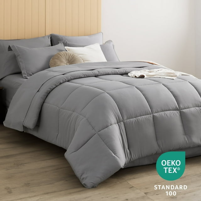 Cozy Comfort Queen Bedding Comforter Set - 7 Pieces Solid Grey Bed in a Bag Queen, Bed Set Queen with Quilted Fluffy Comforters, Sheets, Pillowcases & Shams