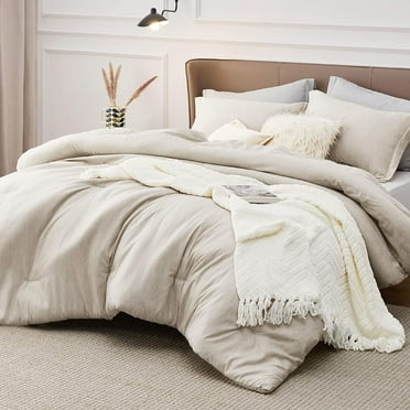 Cozy Comfort Queen Beige Comforter Set for All Season, 3 Pieces Cationic Dyeing Bedding Set with 1 Comforter and 2 Pillow Shams