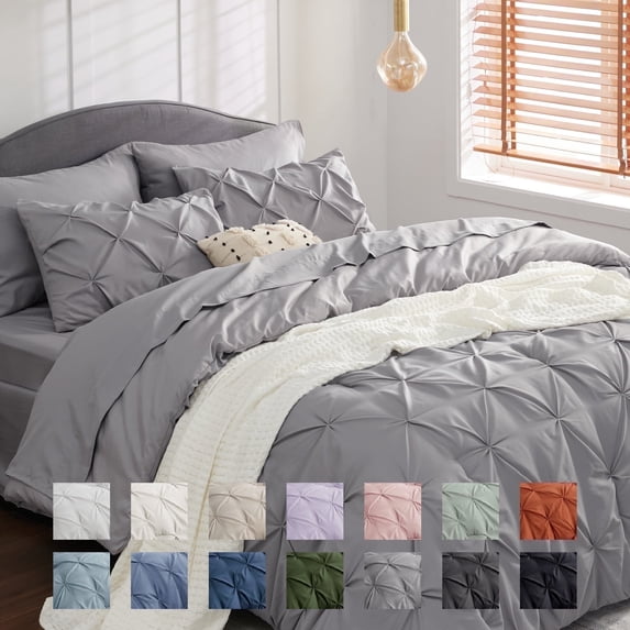 U by Bedsure Queen Comforter Set - 7 Pieces Grey Comforters , Pintuck Bedding Sets for All Season, Bed in a Bag with Flat Sheet and Fitted Sheet, Pillowcases & Shams
