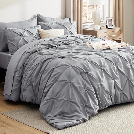 U by Bedsure Queen Comforter Set - 7 Pieces Grey Comforters , Pintuck Bedding Sets for All Season, Bed in a Bag with Flat Sheet and Fitted Sheet, Pillowcases & Shams