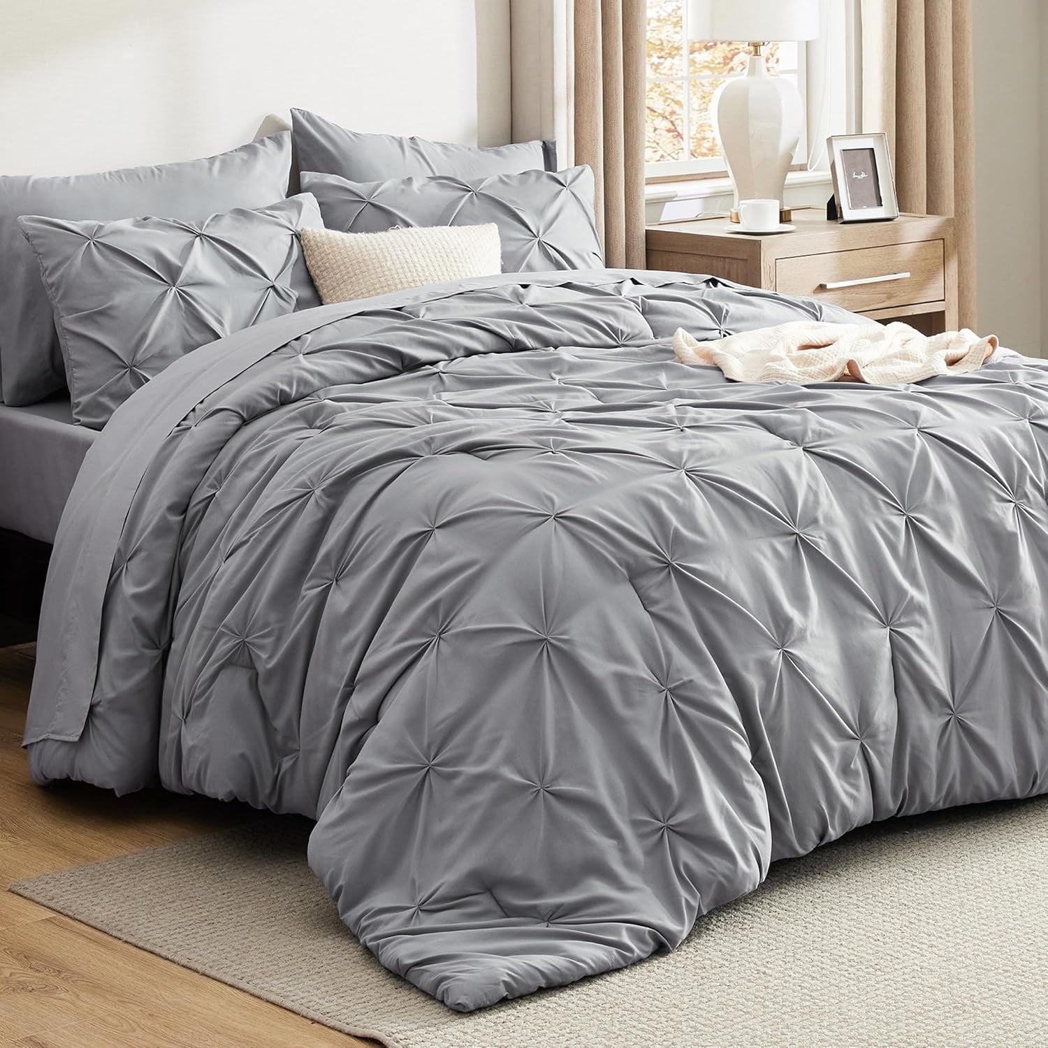 Cozy Comfort Queen Comforter Set - 7 Pieces Grey Comforters , Pintuck Bedding Sets for All Season, Bed in a Bag with Flat Sheet and Fitted Sheet, Pillowcases & Shams - Walmart.com