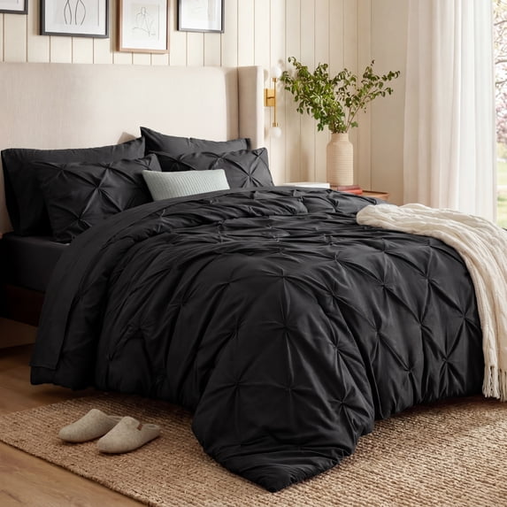 Queen Black Comforter Set - 7 Pieces Pintuck, Black Bed in A Bag with Comforters, Sheets, Pillowcases & Shams