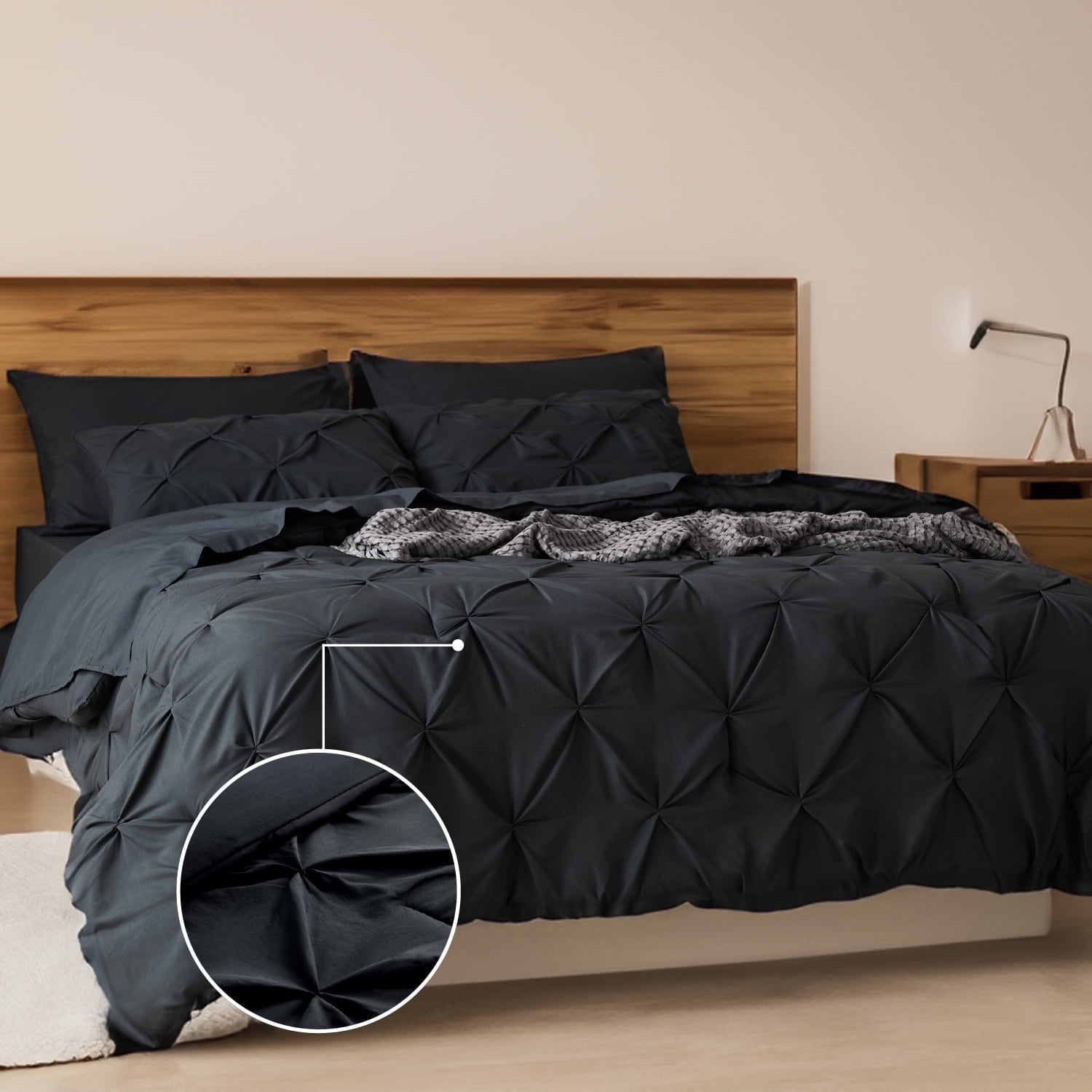 Cozy Comfort by Bedsure Queen Black Comforter Set - 7 Pieces Pintuck, Black Bed in A Bag with Comforters, Sheets, Pillowcases & Shams