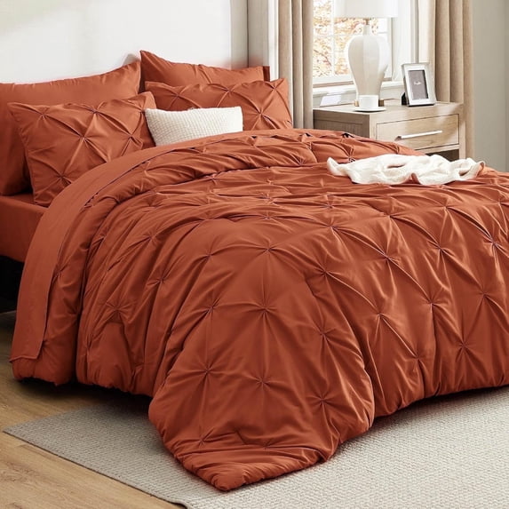 U by Bedsure Queen Comforter Set - Bed in a Bag Queen 7 Pieces, Pintuck Bedding Sets Burnt Orange Bed Set with Comforter, Sheets, Pillowcases & Shams, Burnt Orange