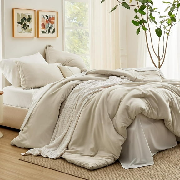 U by Bedsure Queen Comforter Set Beige, 7 Pieces Soft Comforter for Queen Size Bed with Sheets, Pillowcases & Shams, All Season Boho Bed in a Bag Queen Size, Contrasting Design