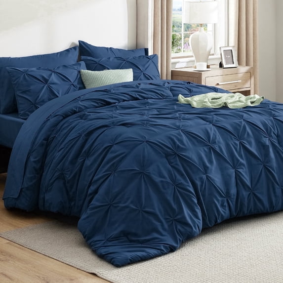 U by Bedsure Queen Comforter Set Navy Blue - 7 Pieces Pintuck Bed in A Bag, Bed Set with Comforters, Sheets, Pillowcases & Shams