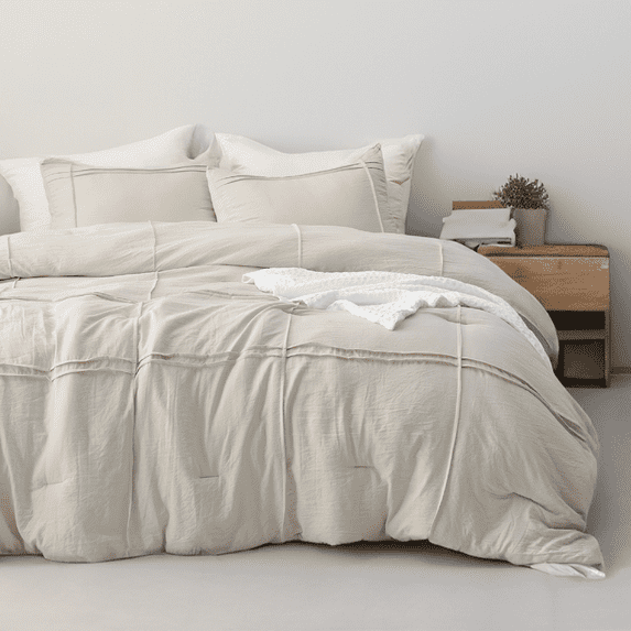 Cozy Comfort Queen Comforter Set with Sheet - 4 Pieces Soft Beige Bedding Sets, Grid Pinch Pleat, All Season Lightweight Fluffy Bed Set