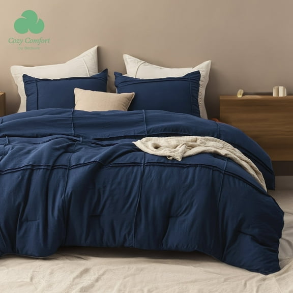 Cozy Comfort Queen Comforter Set with Sheet - 4 Pieces Soft Navy Blue Bedding Sets, Grid Pinch Pleat, All Season Lightweight Fluffy Bed Set