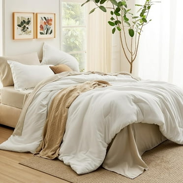 Cozy Comfort Queen Comforter Set White, 7 Pieces Soft Comforter for Queen Size Bed with Sheets, Pillowcases & Shams, All Season Boho Bed in a Bag Queen Size, Contrasting Design