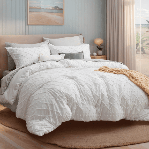 U by Bedsure Queen Comforter Set, Boho Tufted Shabby Chic Bedding Comforter Set, 3 Pieces Farmhouse Bed Set for All Seasons, White Bedding Set with 2 Pillow Shams