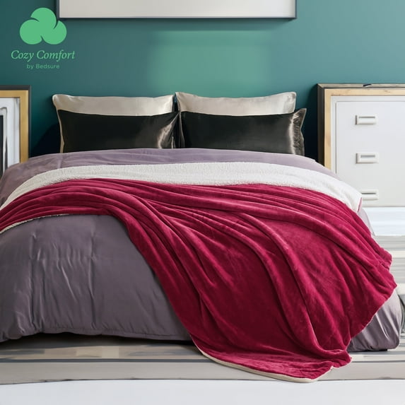 Cozy Comfort Queen Sherpa Fleece Blankets - Thick and Warm, Soft Fuzzy Blanket, Red, 90x90 inches