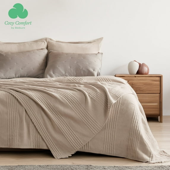 Cozy Comfort Quilted Cotton Modal Blanket Queen, Cozy Warm for all year round, Light Taupe, 90x90 inches