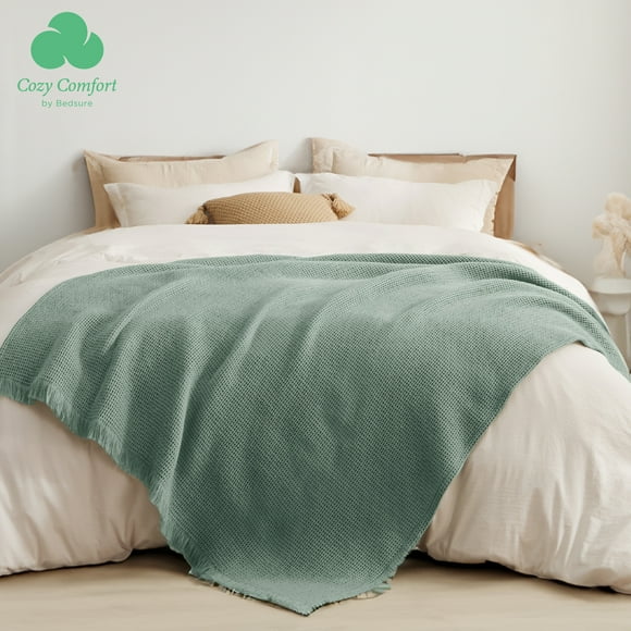 Cozy Comfort Sage Green Throw Blankets for Couch, Decorative Waffle Woven Blanket with Tassels, 50x60 inches