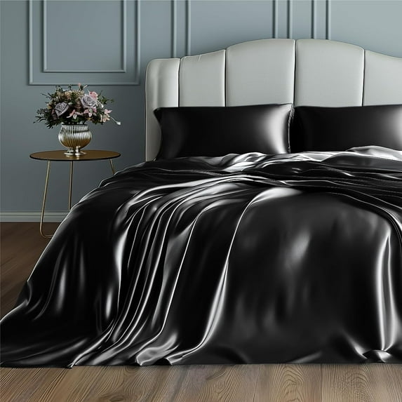 U by Bedsure Satin Sheets - Soft Satin Bed Sheets Full, 4 Pcs Luxury Silky Sheets, Similar to Silk Sheets, Black Satin Sheets Full for Hair and Skin, Gifts for Women