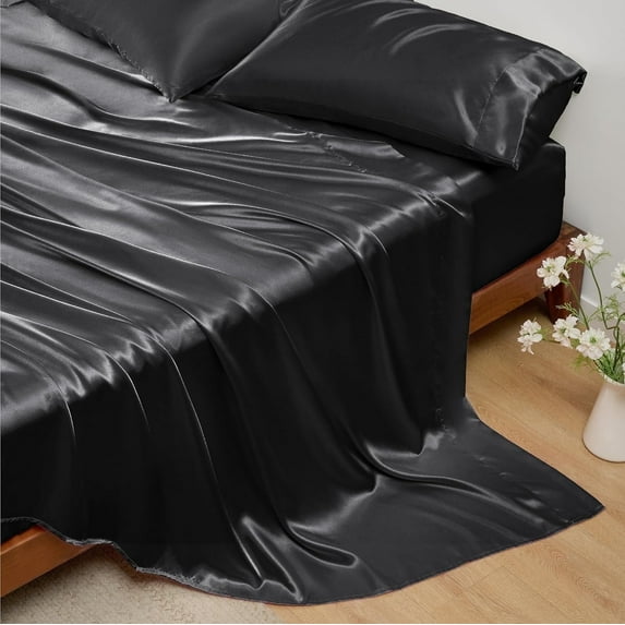 U by Bedsure Satin Sheets - Soft Satin Bed Sheets Twin, 3 Pcs Luxury Silky Sheets, Similar to Silk Sheets, Black Satin Sheets Twin for Hair and Skin, Gifts for Women