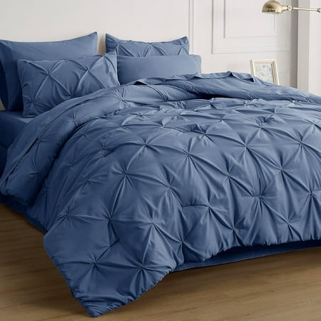 U by Bedsure Slate Blue King Size Comforter Set - Bedding Set King 7 Pieces, Pintuck Bed in a Bag Green Bed Set with Comforter, Sheets, Pillowcases & Shams