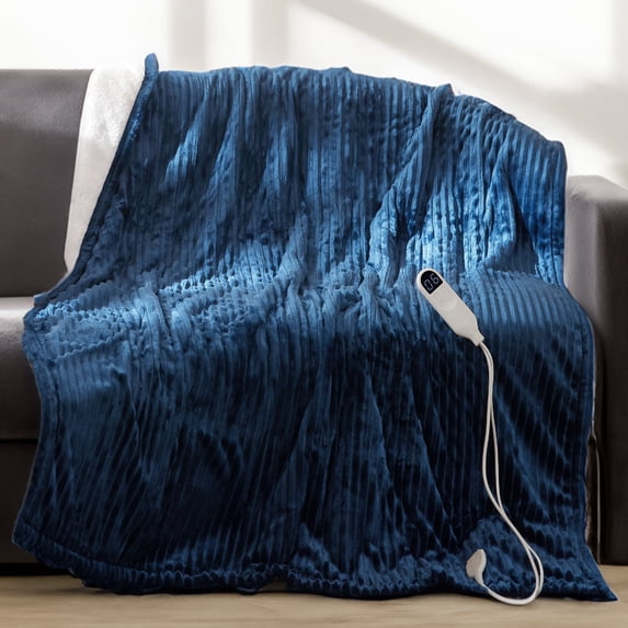 Cozy Comfort Soft Ribbed Flannel Electric Blanket - Fast Heating with 6 Heat Levels, 4 Time Settings, Auto-Off (50x60 inches, Navy)
