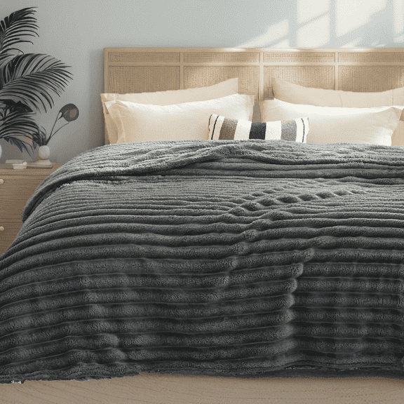 U by Bedsure Throw Blanket for Couch, Super Soft Cute Small Fleece Throws for Girls,Grey,50x60 inches, Wider Striped Design