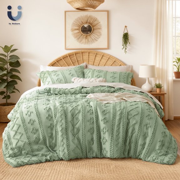 U by Bedsure Tufted Boho Comforter Set, 2 Pieces Farmhouse Shabby Chic Embroidery Bed Set, Soft Jacquard Comforter for All Seasons,Twin,Aqua Gray