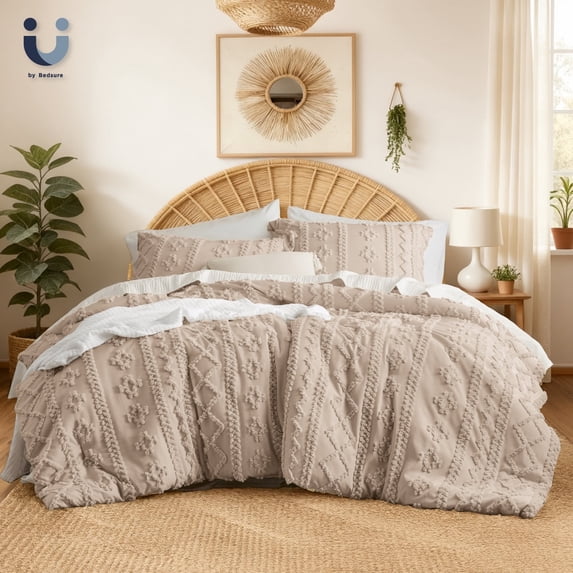 U by Bedsure Tufted Boho Comforter Set, 2 Pieces Farmhouse Shabby Chic Embroidery Bed Set, Soft Jacquard Comforter for All Seasons,Twin,Khaki