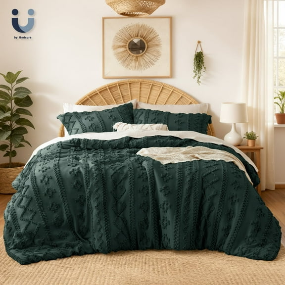 U by Bedsure Tufted Boho Comforter Set, 2 Pieces Farmhouse Shabby Chic Embroidery Bed Set, Soft Jacquard Comforter for All Seasons,Twin,Mallard Green
