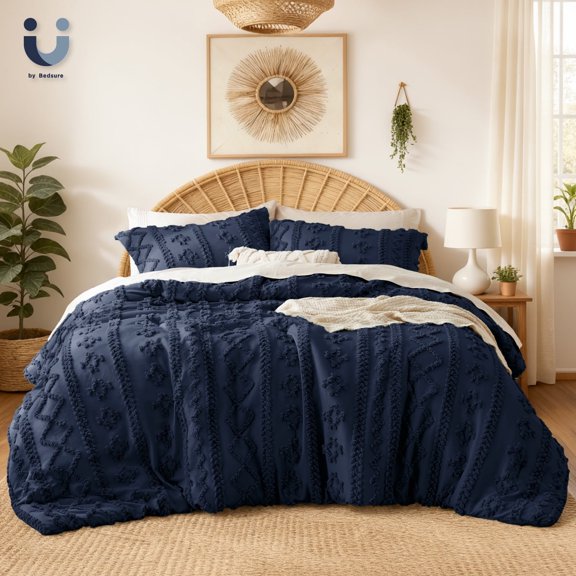 U by Bedsure Tufted Boho Comforter Set, 2 Pieces Farmhouse Shabby Chic Embroidery Bed Set, Soft Jacquard Comforter for All Seasons,Twin,Navy