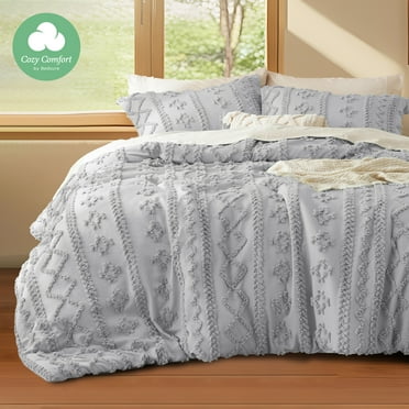 Cozy Comfort Tufted Boho Comforter Set, 3 Pieces Farmhouse Shabby Chic Embroidery Bed Set, Soft Jacquard Comforter for All Seasons,Queen,Oyster Mushroom