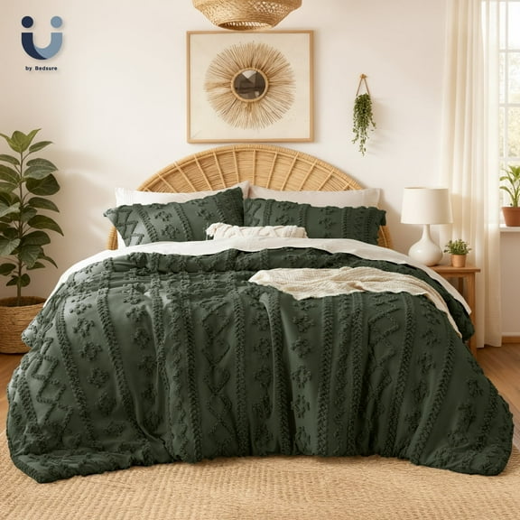 U by Bedsure Tufted Boho Comforter Set, 3 Pieces Farmhouse Shabby Chic Embroidery Bed Set, Soft Jacquard Comforter for All Seasons,Full,Bronze Green