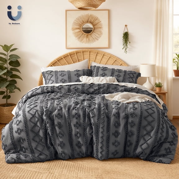 U by Bedsure Tufted Boho Comforter Set, 3 Pieces Farmhouse Shabby Chic Embroidery Bed Set, Soft Jacquard Comforter for All Seasons,King,Dark Grey