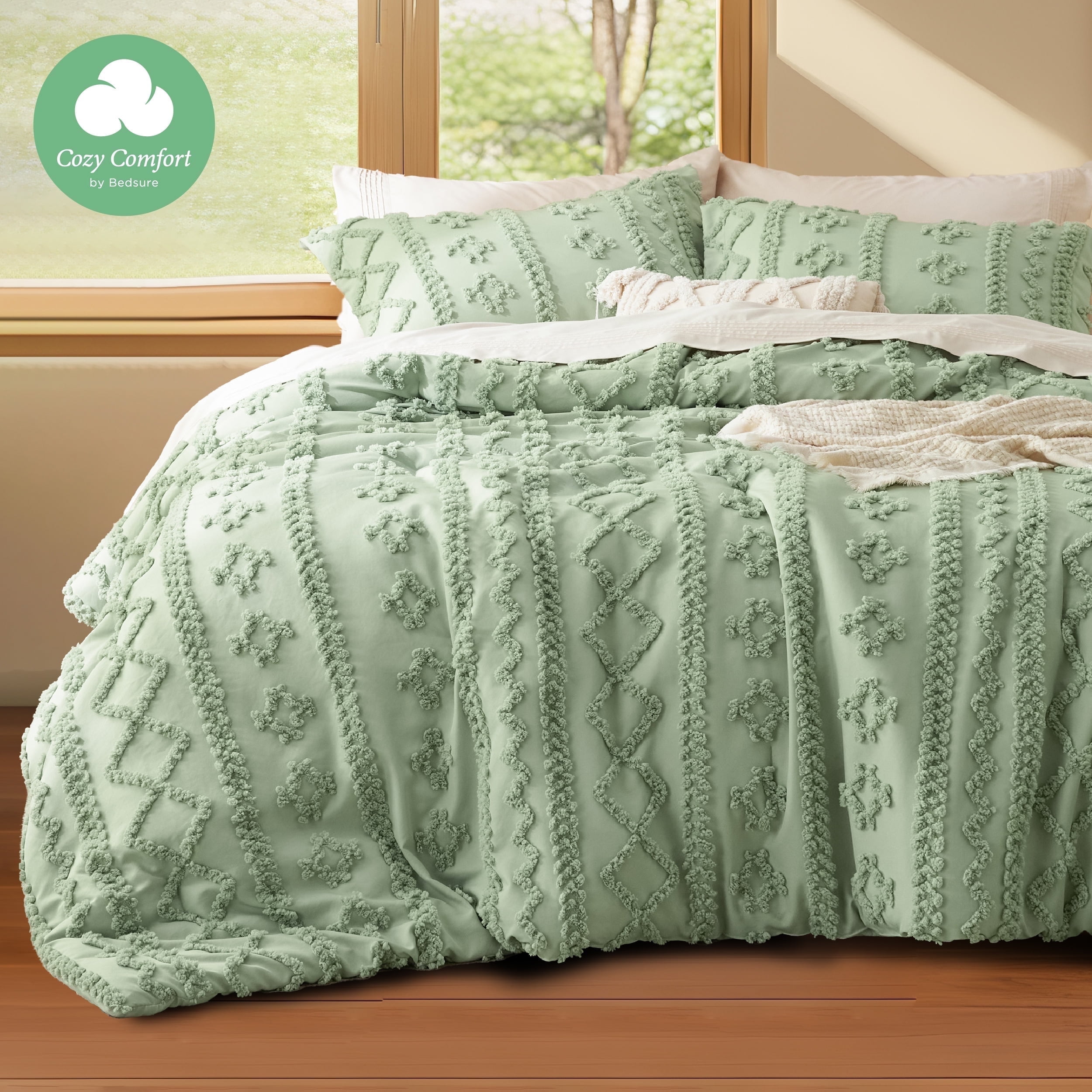 Cozy Comfort Tufted Boho Comforter Set, 3 Pieces Farmhouse Shabby Chic Embroidery Bed Set, Soft Jacquard Comforter for All Seasons,Queen,Aqua Gray - Walmart.com