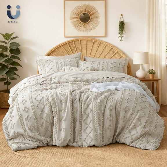 U by Bedsure Tufted Boho Comforter Set, 3 Pieces Farmhouse Shabby Chic Embroidery Bed Set, Soft Jacquard Comforter for All Seasons,Queen,Natural