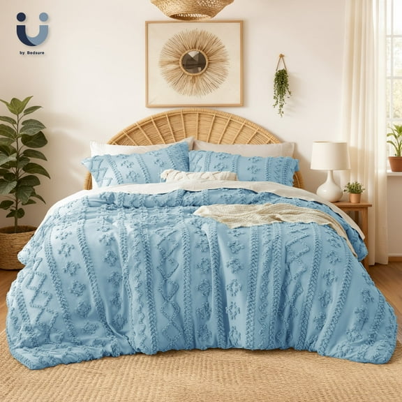 U by Bedsure Tufted Boho Comforter Set, 3 Pieces Farmhouse Shabby Chic Embroidery Bed Set, Soft Jacquard Comforter for All Seasons,Queen,Winter Sky