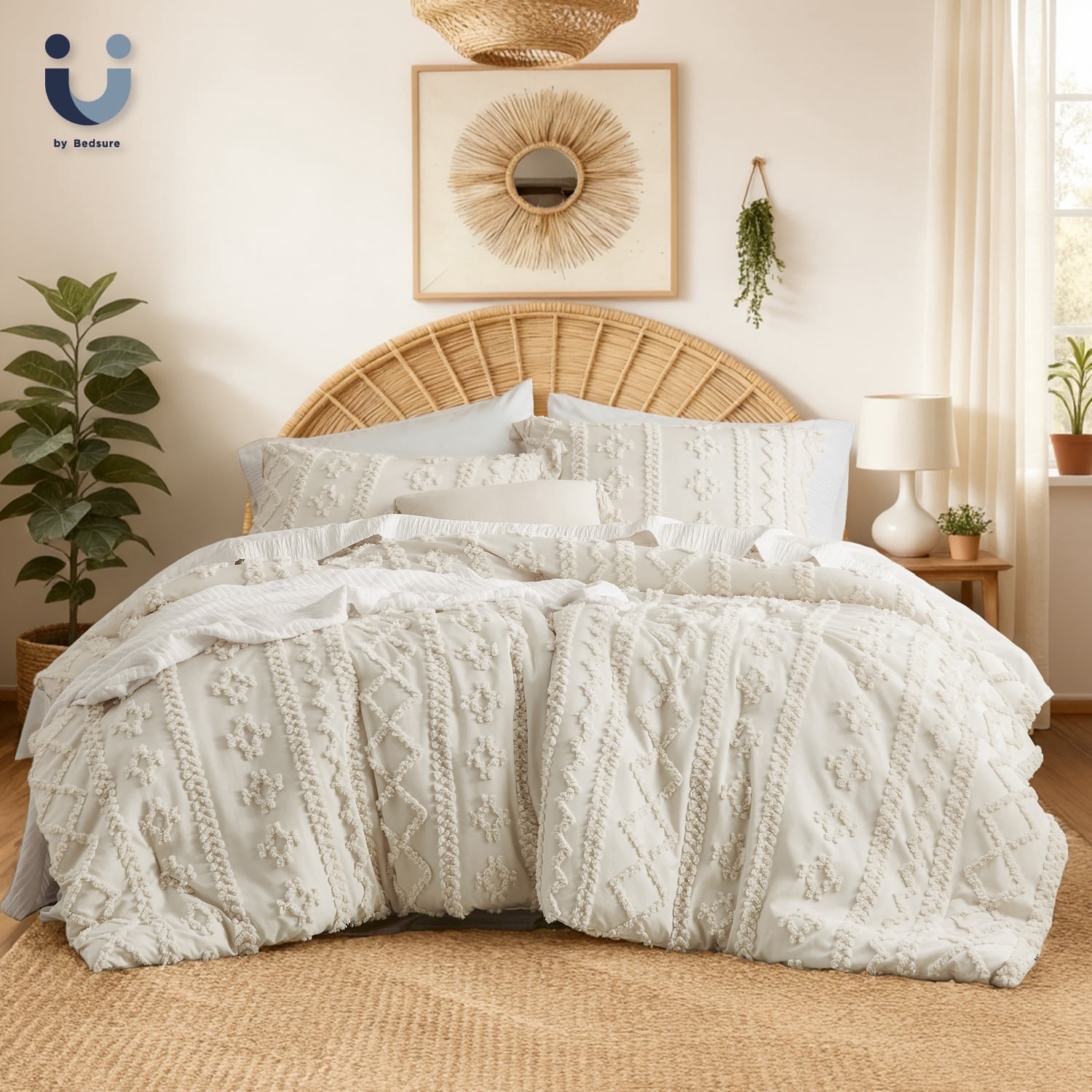 U by Bedsure Tufted Boho Comforter Set, 3 Pieces Farmhouse Shabby Chic Embroidery Bed Set, Soft Jacquard Comforter for All Seasons,Queen,Natural