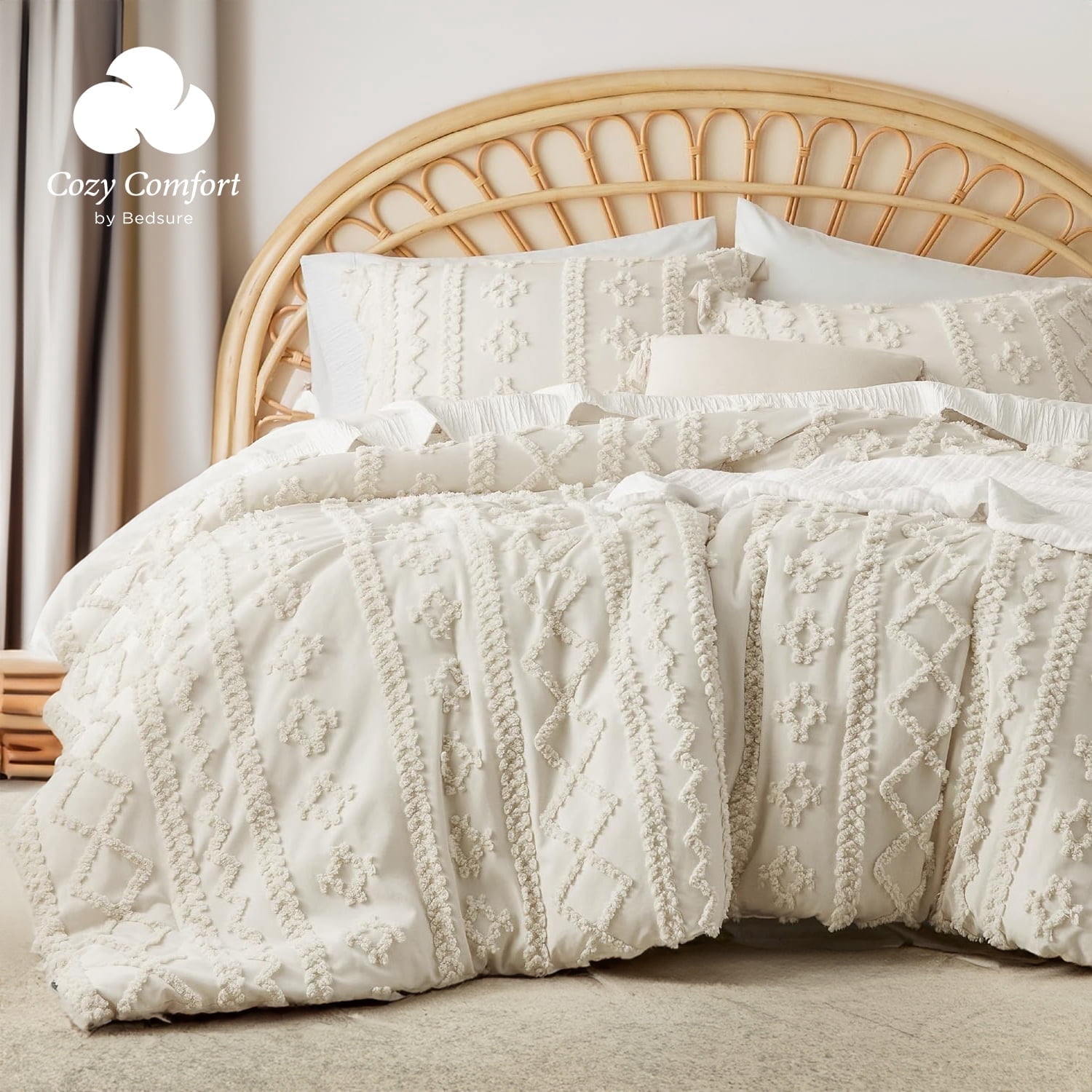 U by Bedsure Tufted Boho Comforter Set Queen, Beige, 3 Pieces Farmhouse Shabby Chic Embroidery Bed Set, Soft Jacquard Comforter for All Seasons