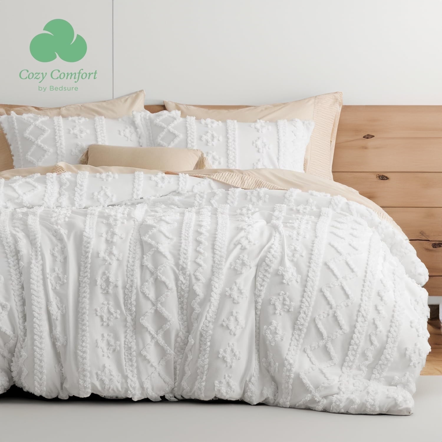 Cozy Comfort Tufted Boho Comforter Set Queen, White, 3 Pieces Farmhouse ...