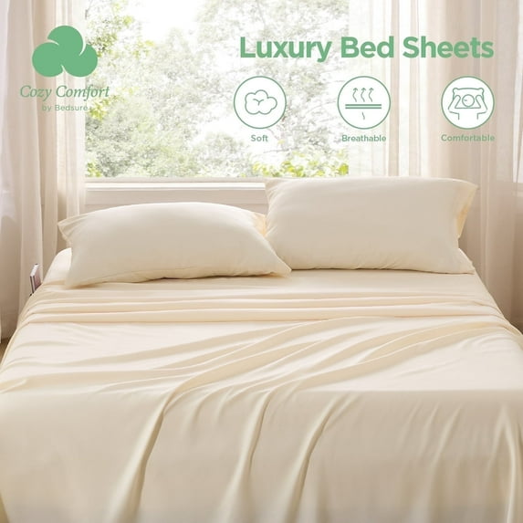 U by Bedsure Twin Bed Sheets with Side Pocket,3 Pieces Polyester Microfiber Bed Sheet Set,Beige
