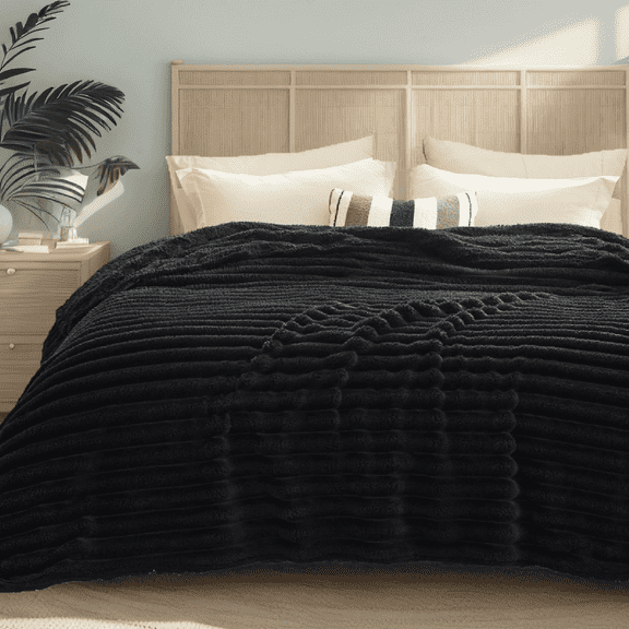 U by Bedsure Twin Blanket for Couch, Wider Striped Cute Small Fleece Throws for Girls, Black,60x80 inches