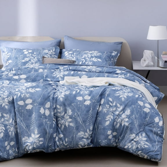 U by Bedsure Twin Comforter Set - 5 Pieces Blue Floral Bedding Sets Twin Bed in a Bag with Reversible Botanical Flowers Comforter, Sheets, Pillowcase & Sham (Twin, Blue)