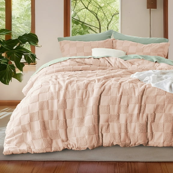 U by Bedsure Twin Comforter Set, Boho Tufted Bedding Comforter Set, Checkered Farmhouse Shabby Chic Bed Set, 2 Pieces, 1 Plaid Geometric Comforter and 1 Pillow ShamTwin,Rose Dust