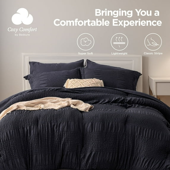 Twin Comforter Set - Twin Bed in a Bag 5 Pieces Stripes Seersucker Bedding Set, Soft Lightweight Down Alternative Comforter, Twin Bed Set (Black, Twin)