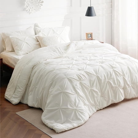 U by Bedsure Twin Comforter Set with Sheets - 5 Pieces Bedding Sets, Pinch Pleat Ivory Twin Bed in a Bag with Comforter, Sheets, Pillowcase & Sham