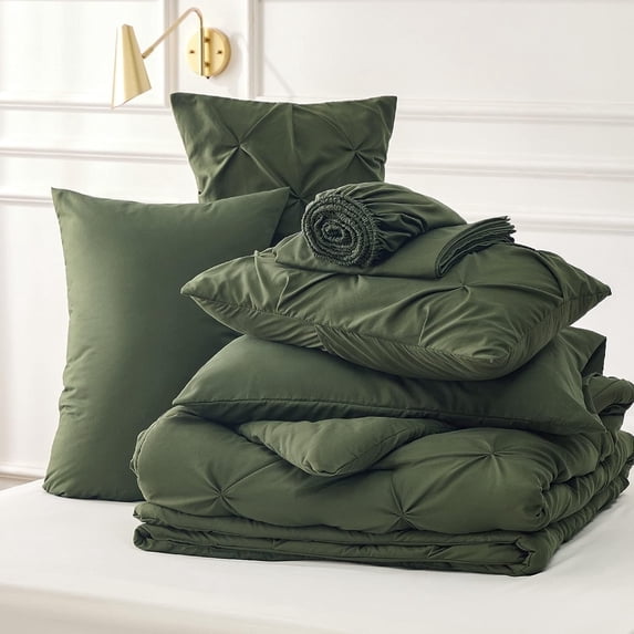 Twin Size Comforter Set 5 Pieces - Pintuck Twin Bedding Set, Pinch Pleat Olive Green Twin Size Bed in a Bag with Comforter, Sheets, Pillowcase & Sham,Olive Green