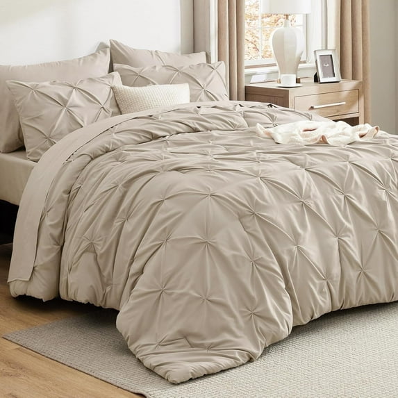 U by Bedsure Twin Size Comforter Sets - 5 Pieces Pintuck Bed Set Twin Size, Beige Twin Size Bed in a Bag with Comforter, Sheets, Pillowcase & Sham, Beige