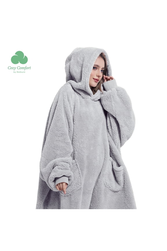 Wearable Blanket Hoodie Gifts for Women - Cozy Sherpa Hoodie Blanket Men, Warm Hooded Blanket Sweatshirt with Pockets for Adults, Grey