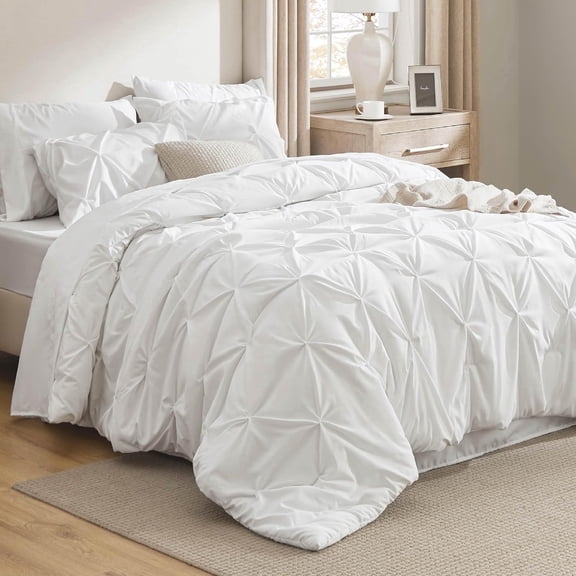 U by Bedsure White Queen Comforter Set- 7 Pieces Pintuck Bedding Set with Comforters, Sheets, Pillowcases & Shams