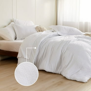 Cozy Comfort White Queen Comforter Set - Bed in a Bag Queen 7 Pieces Stripes Seersucker Bedding Set, Soft Lightweight Down Alternative Comforter, Queen Bed Set (White, Queen)