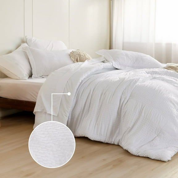 Cozy Comfort White Queen Comforter Set - Bed in a Bag Queen 7 Pieces Stripes Seersucker Bedding Set, Soft Lightweight Down Alternative Comforter, Queen Bed Set (White, Queen)